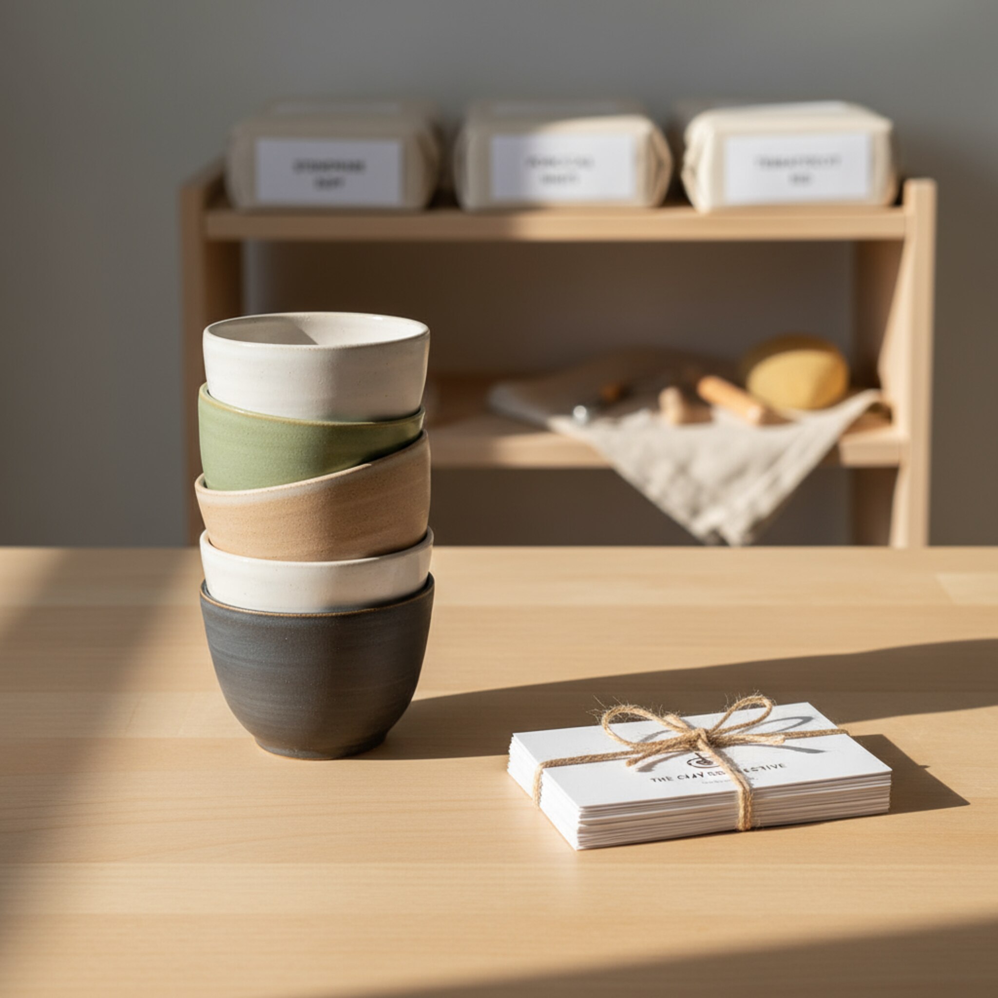 Neben einem Stapel handgefertigter Tassen liegt ein Bündel Stempelkarten, noch unbenutzt. Tonpakete sind ordentlich aufgereiht, jede Sorte sauber beschriftet. Ein schlichtes Regal rahmt die Szene. Es wirkt strukturiert und wertig, als würden Angebote klar erkennbar und fair sein.