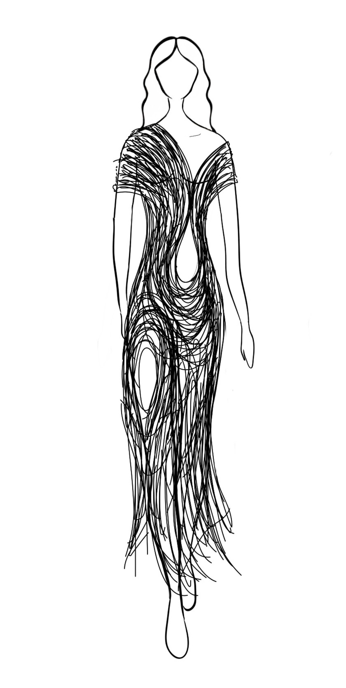 Illustrated floor-length gown with deep V neckline, short sleeves, and organic draped linework creating fluid, sculptural silhouette