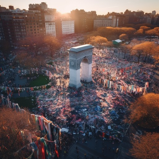 AI-generated image of Washington Square filled with clothes, representing the amount of textile waste dumped each month in Accra, Ghana by the West