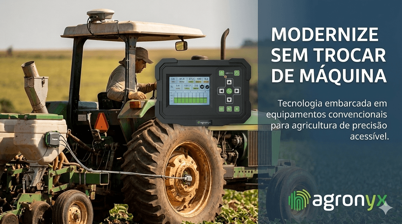 Imagem promocional sobre retrofit agrícola com o título 'Modernize sem trocar de máquina'. À esquerda, um trator verde clássico em operação num campo ensolarado, equipado com sensores e antenas. No centro, em destaque, o Monitor de Plantio AGX350 da Agronyx com interface digital. À direita, uma barra vertical azul com o logotipo da Agronyx e o texto explicativo: 'Tecnologia embarcada em equipamentos convencionais para agricultura de precisão acessível