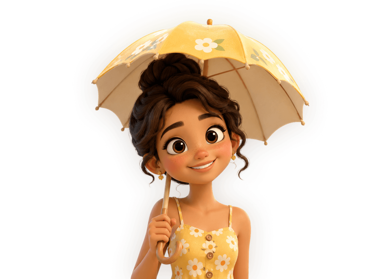 3D animated-style half-body character of a smiling girl in a yellow daisy-patterned dress, holding a yellow floral sun umbrella close above her head