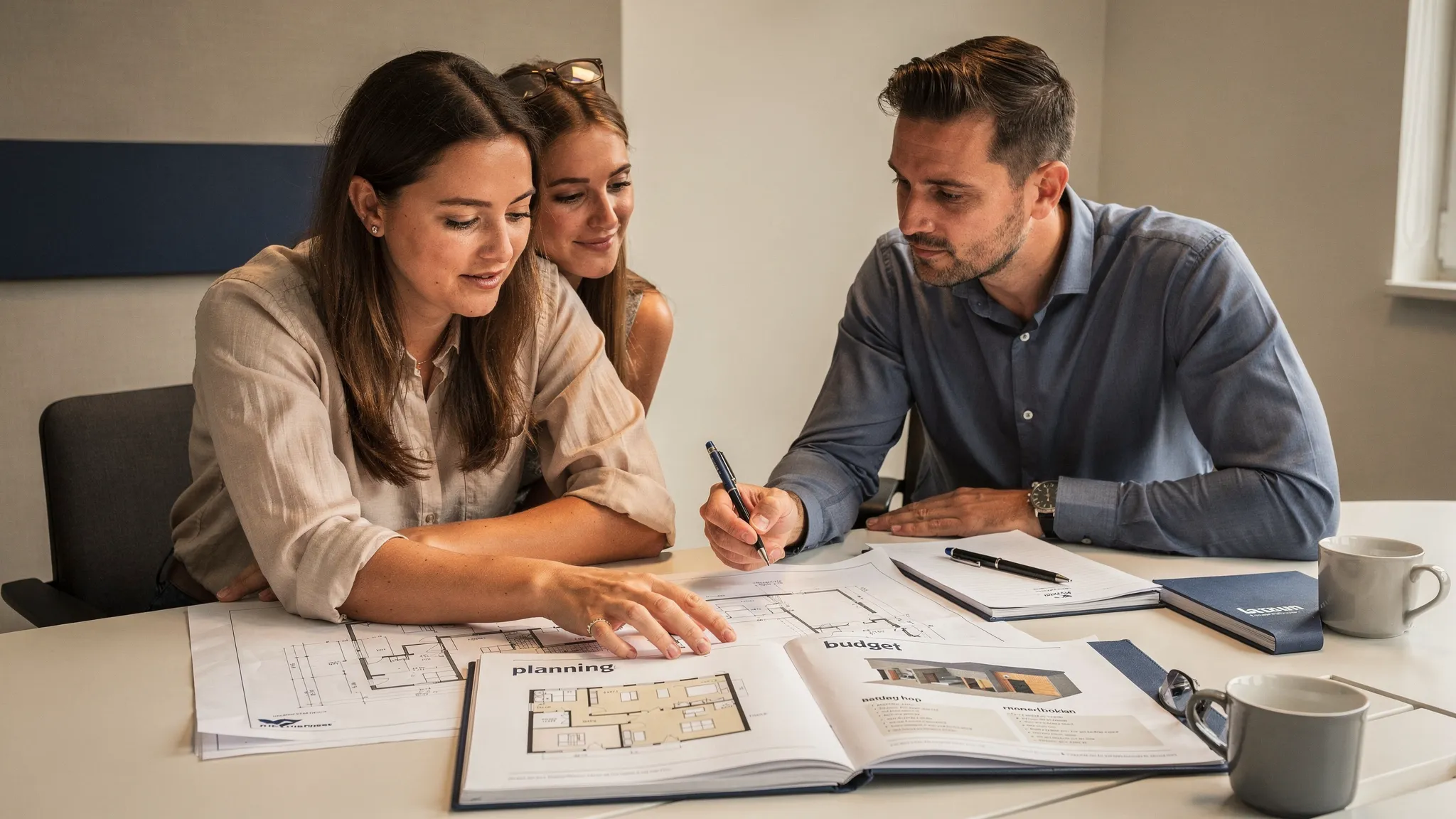 Een koppel en een bouwprofessional zitten aan tafel met grondplannen en een lastenboek, ze vergelijken planning en budget in een rustige vergaderruimte.