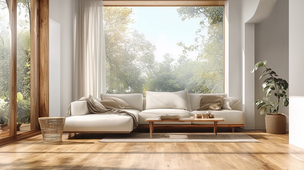 Modern living room with beige sofas facing large glass windows overlooking a scenic hillside with houses and trees. A serene and luxurious ambiance.