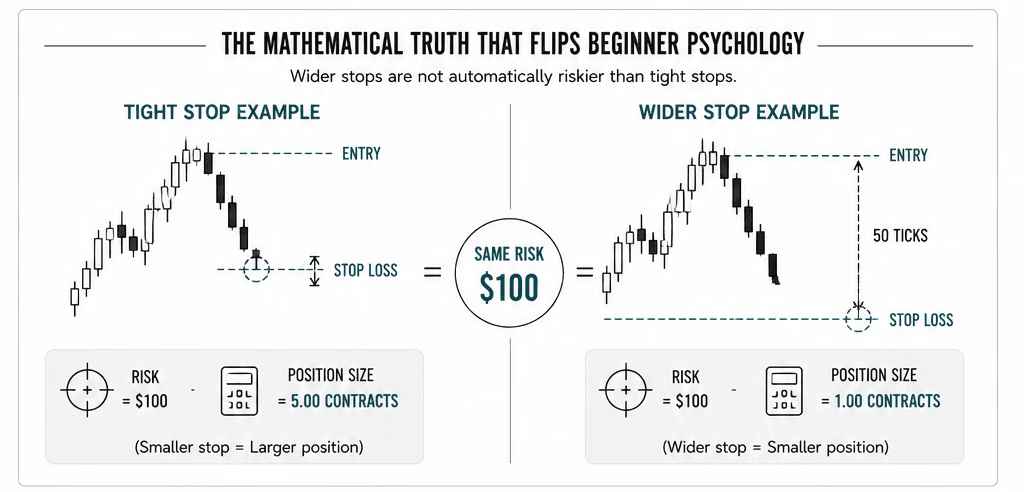compares two examples showing that a tight stop loss and a wide stop loss can represent the same total dollar risk when position size is adjusted accordingly. The infographic emphasizes that wider stops require smaller positions, tighter stops allow larger positions, and consistent risk comes from adjusting position size—not from moving the stop. The design uses a minimalist UX wireframe aesthetic with grayscale charts and subtle teal accents.