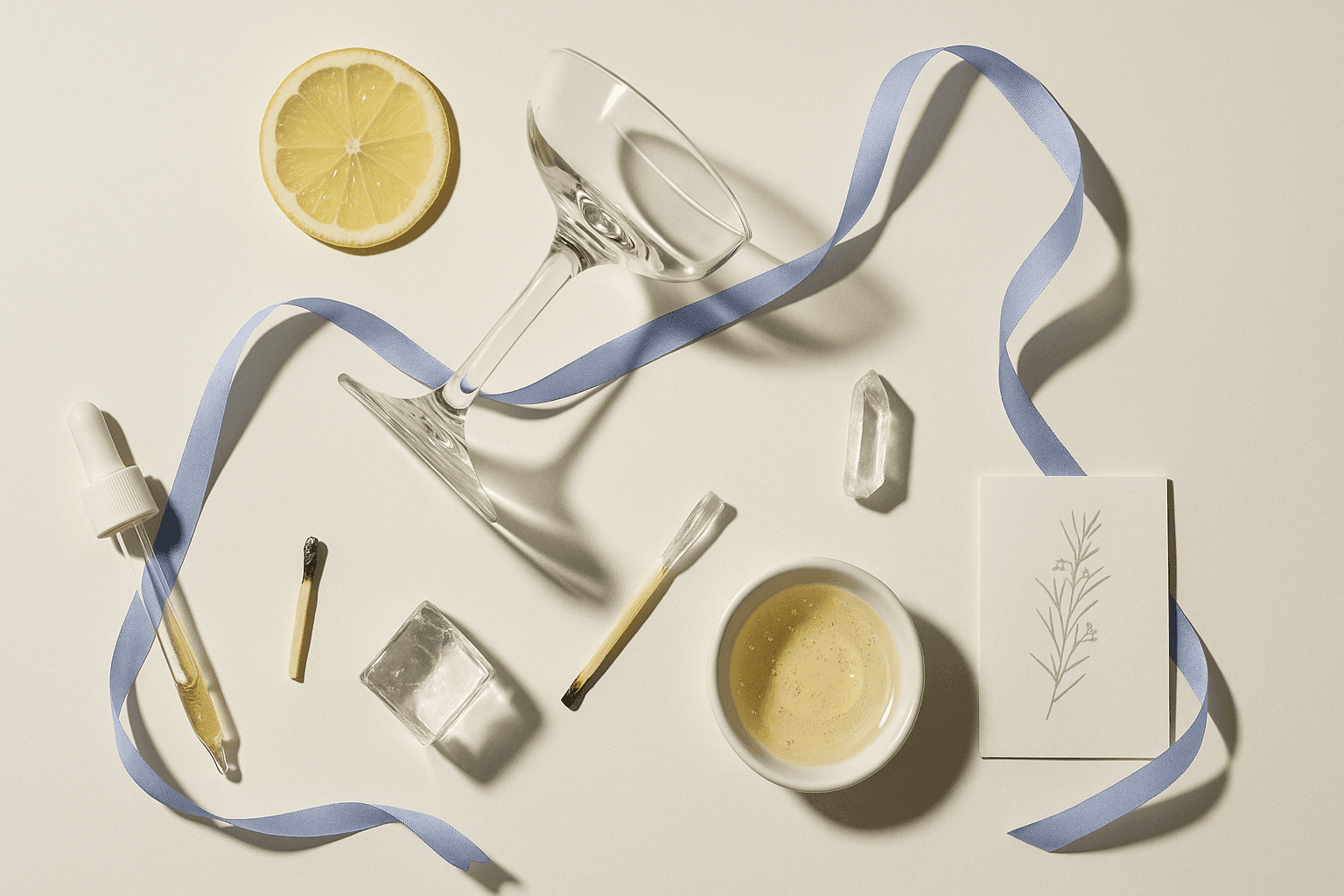 Flat lay with coupe glass, lemon, and ritual tools: a golden hour reimagined without alcohol