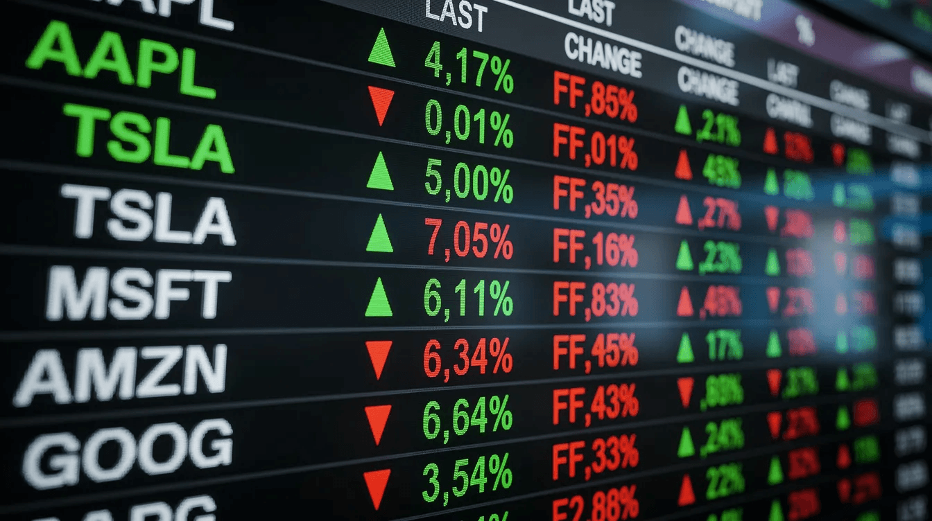 The image shows a stock market display board filled with various ticker symbols, indicating price movements in green and red, reflecting market conditions and investment strategies. This visual representation highlights the performance of individual stocks and mutual funds, which can influence investment portfolios and tax efficiency for investors.