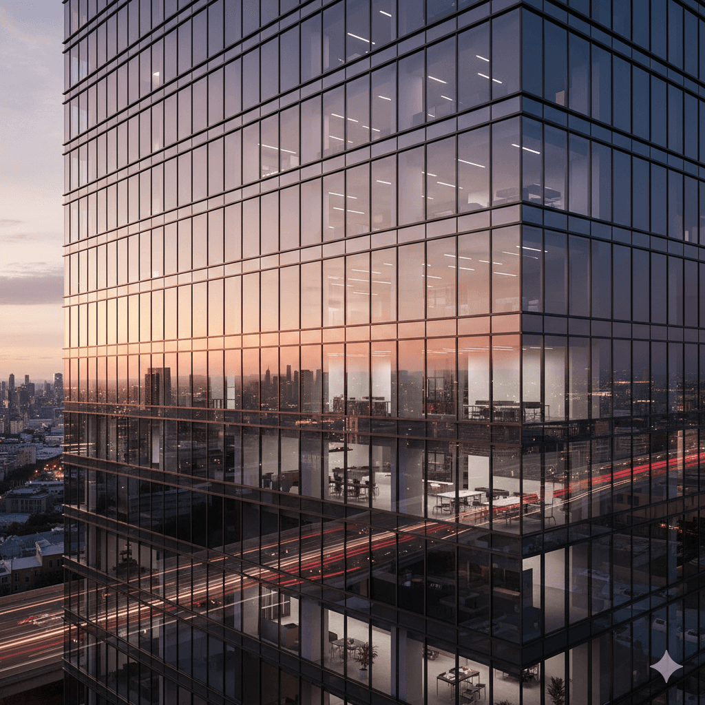 Sleek glass facade of M3M commercial building on MG Road Gurugram reflecting city lights