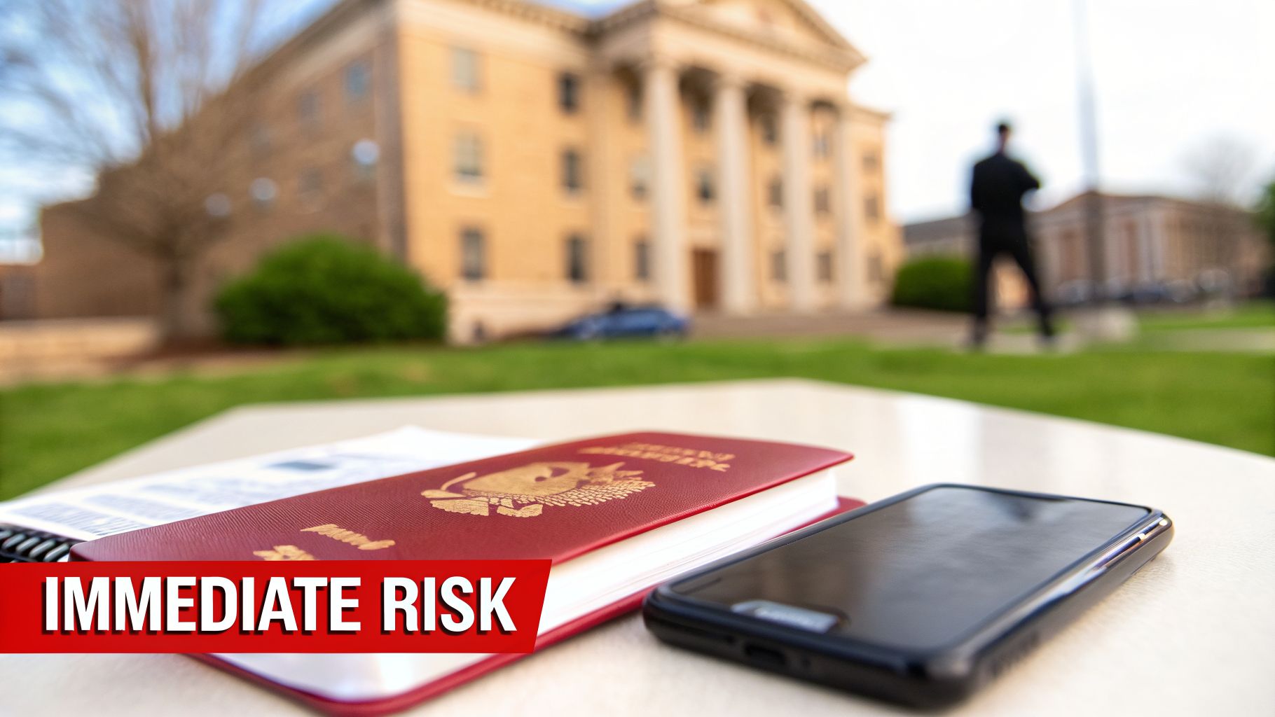 A red passport and a smartphone on a table, with 'IMMEDIATE RISK' text overlay and blurred government building in the background.