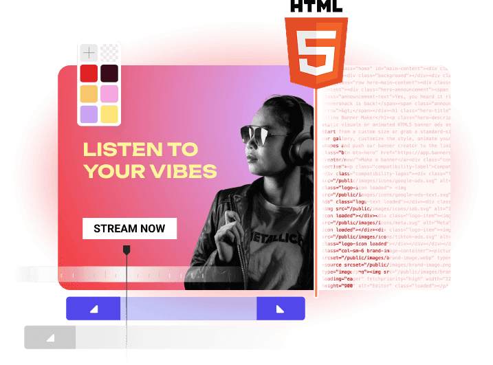 Editor interface showing an animated HTML5 banner ad with timeline controls, color palette tools, and production-ready export code.