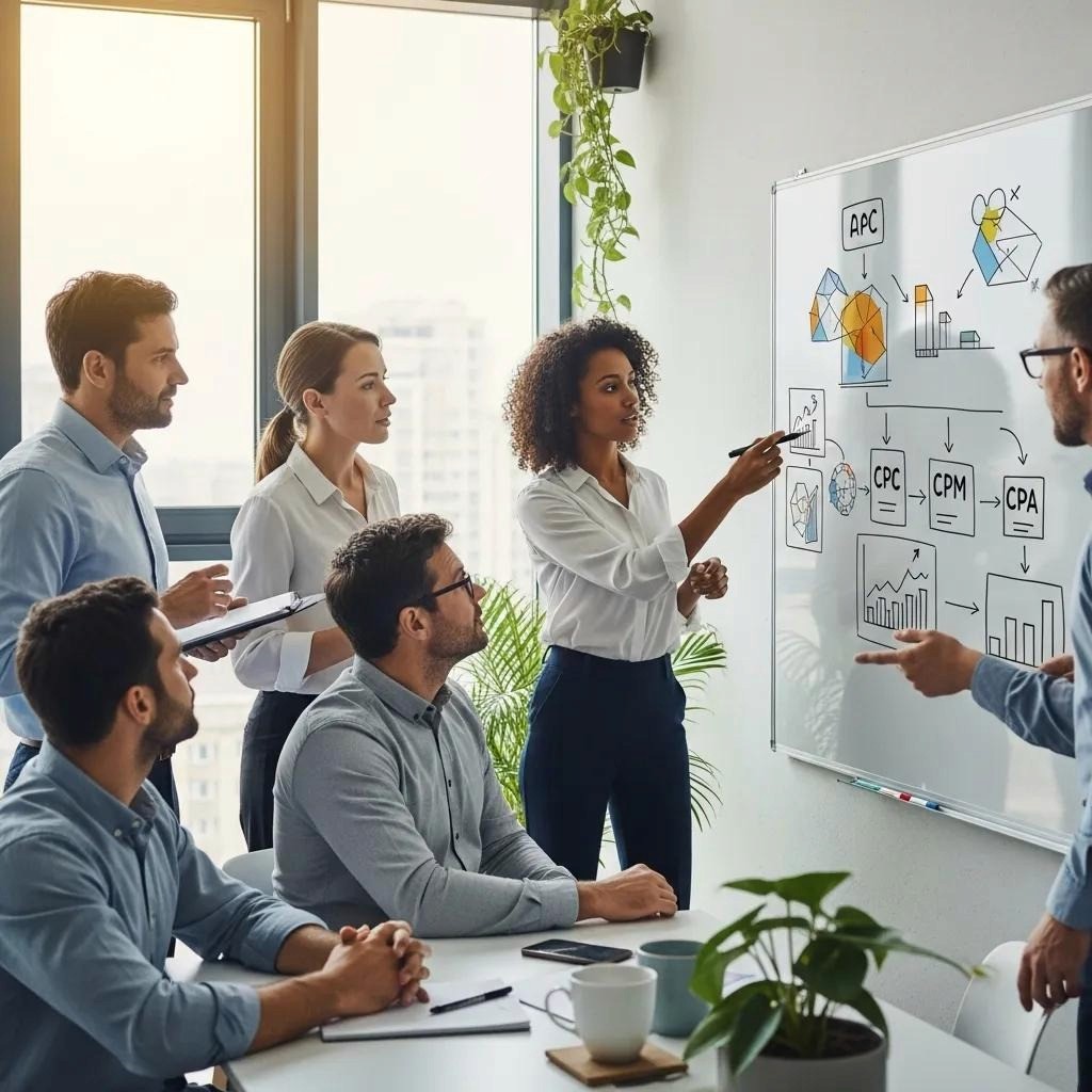 Professionals discussing Google Ads pricing models in a collaborative office setting