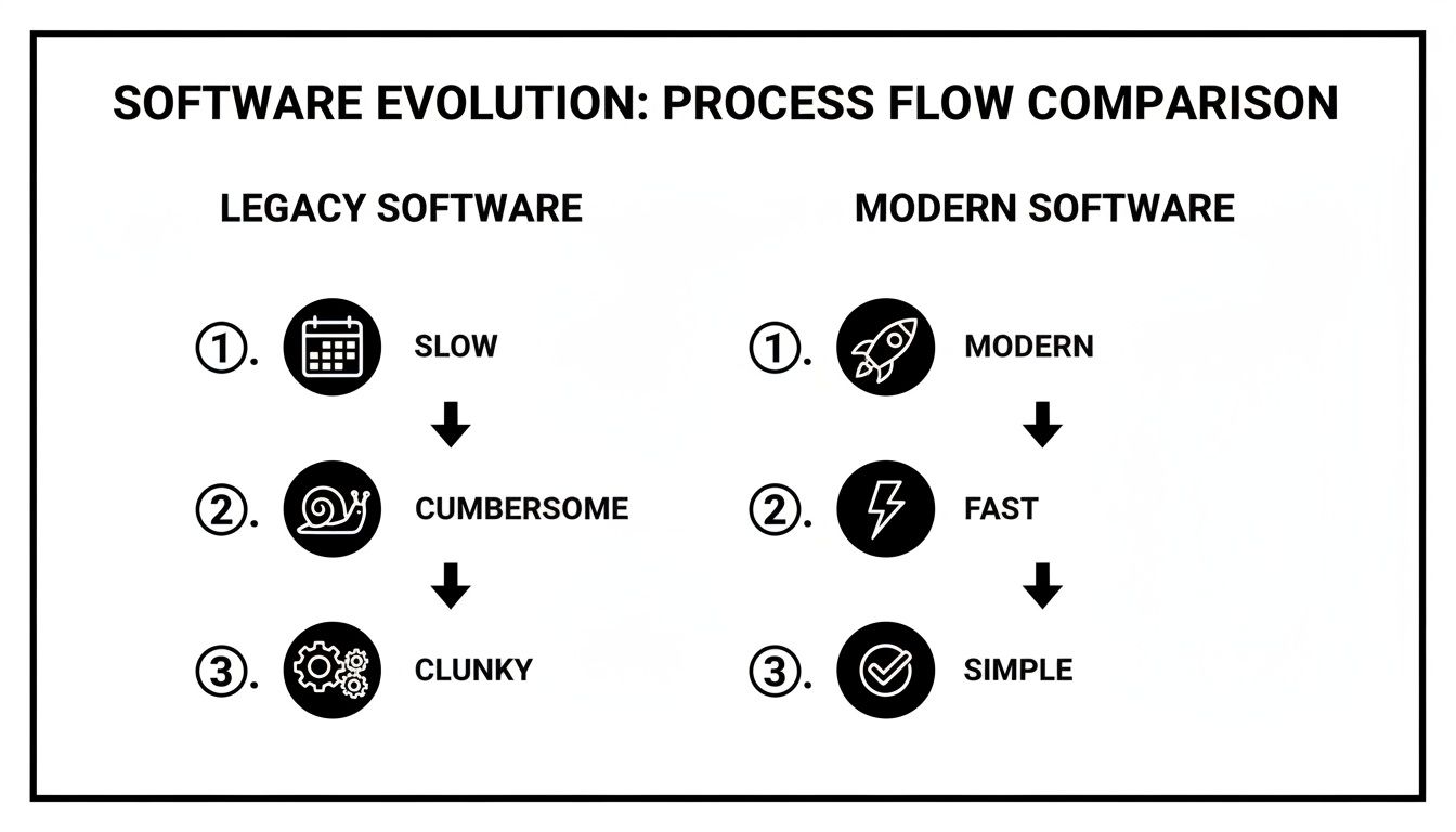 Comparison of software evolution, showing legacy software as slow, cumbersome, clunky versus modern software as modern, fast, simple.