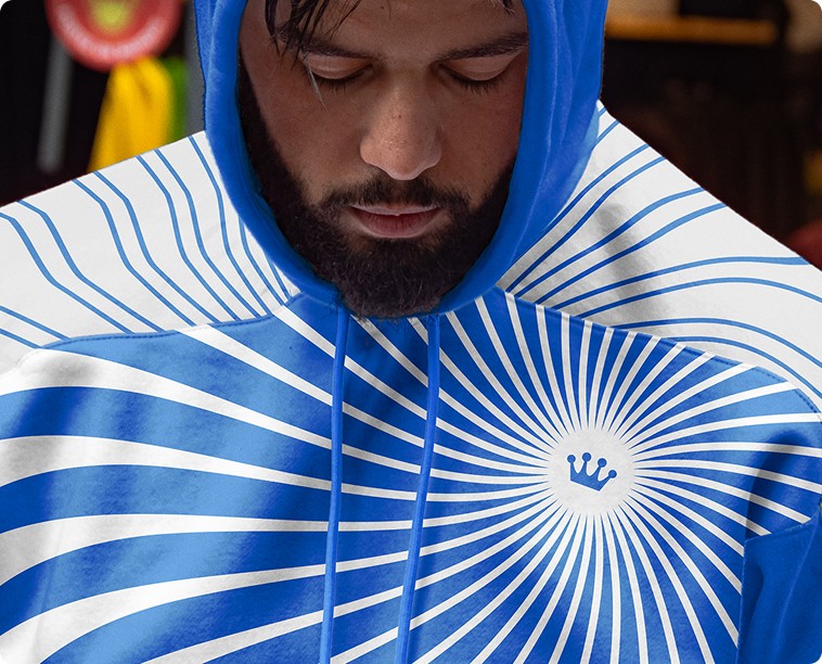 A man in a branded hoodie designed with the funko crown