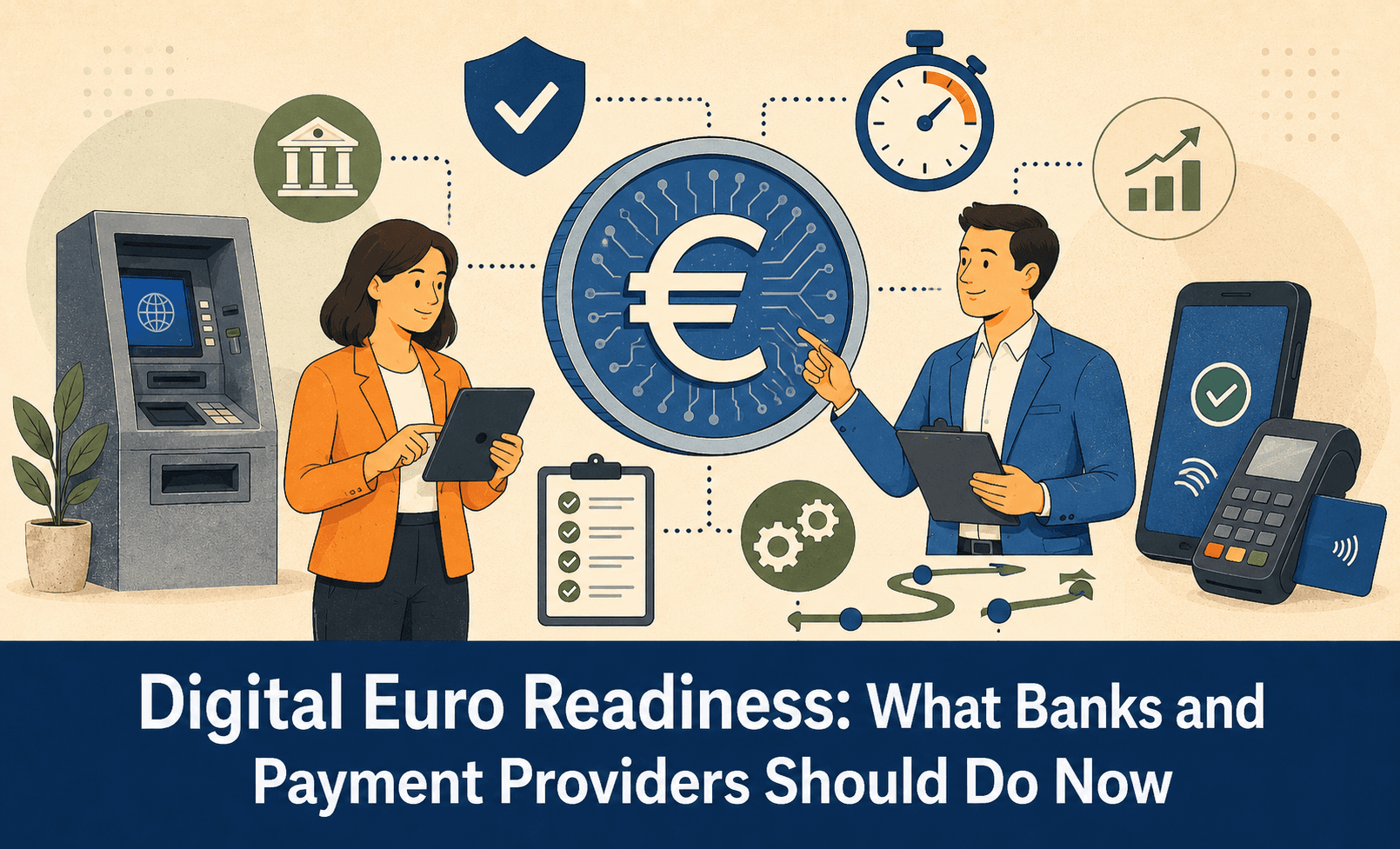 Flat-style illustration of digital euro readiness for banks and payment providers, showing a large euro symbol in a digital coin at the center, connected to an ATM, payment terminal, mobile payment device, checklist, security shield, stopwatch, growth chart, and two professionals reviewing next steps.