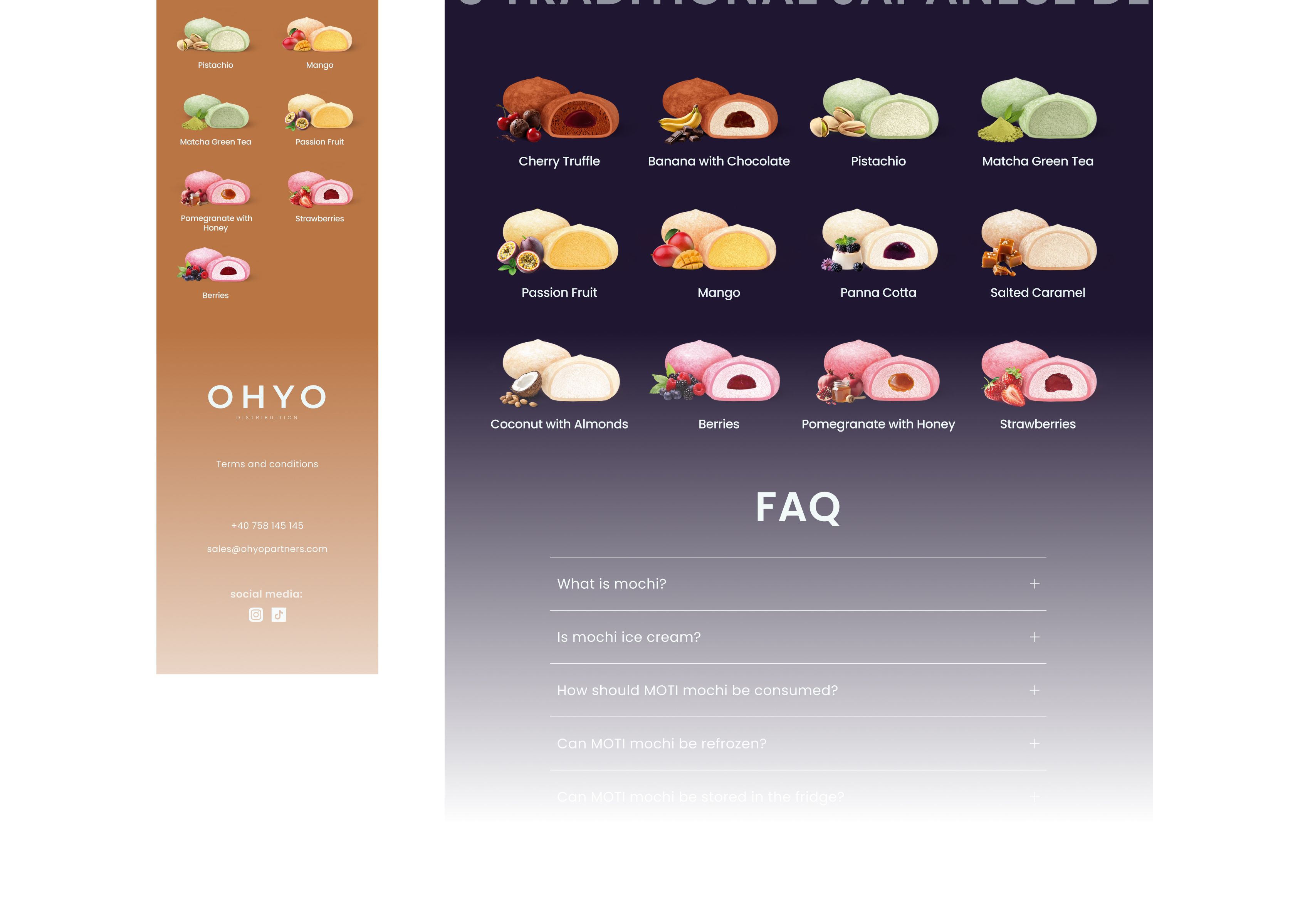 MOTI Japanese dessert flavor range page with full product lineup and FAQ section on OHYO website.