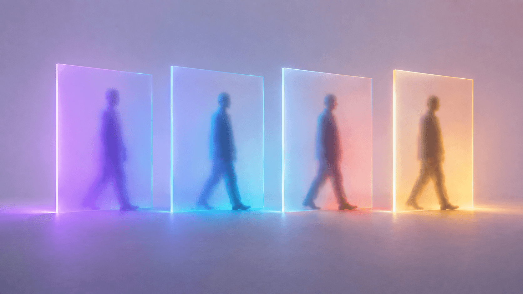 Four blurred silhouette echoes moving through colored translucent frames