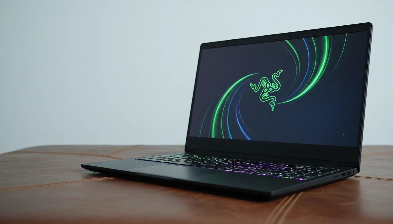 DSLR photograph, low-angle shot of a sleek, matte black Razer gaming laptop resting on a brown stitched leather surface. The laptop is open, screen glowing with a dynamic abstract wallpaper of vibrant green and blue light trails and a central green three-headed snake logo. Subtle purple and green RGB backlighting is visible on the keyboard. The scene features soft studio lighting, sharp focus, high detail, and a plain off-white wall as the background.