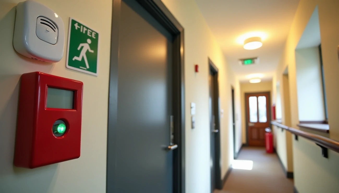 Fire alarm system and emergency exit sign in a well-lit corridor of a residential property in the UK.