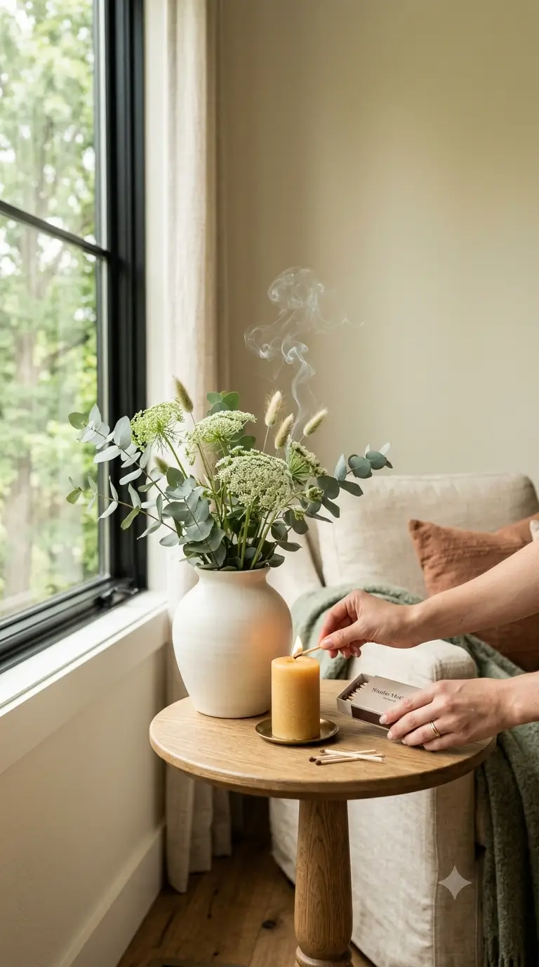 A hand lighting a candle on a small table by a window, fresh flowers in a vase nearby, warm morning light and trees outside.