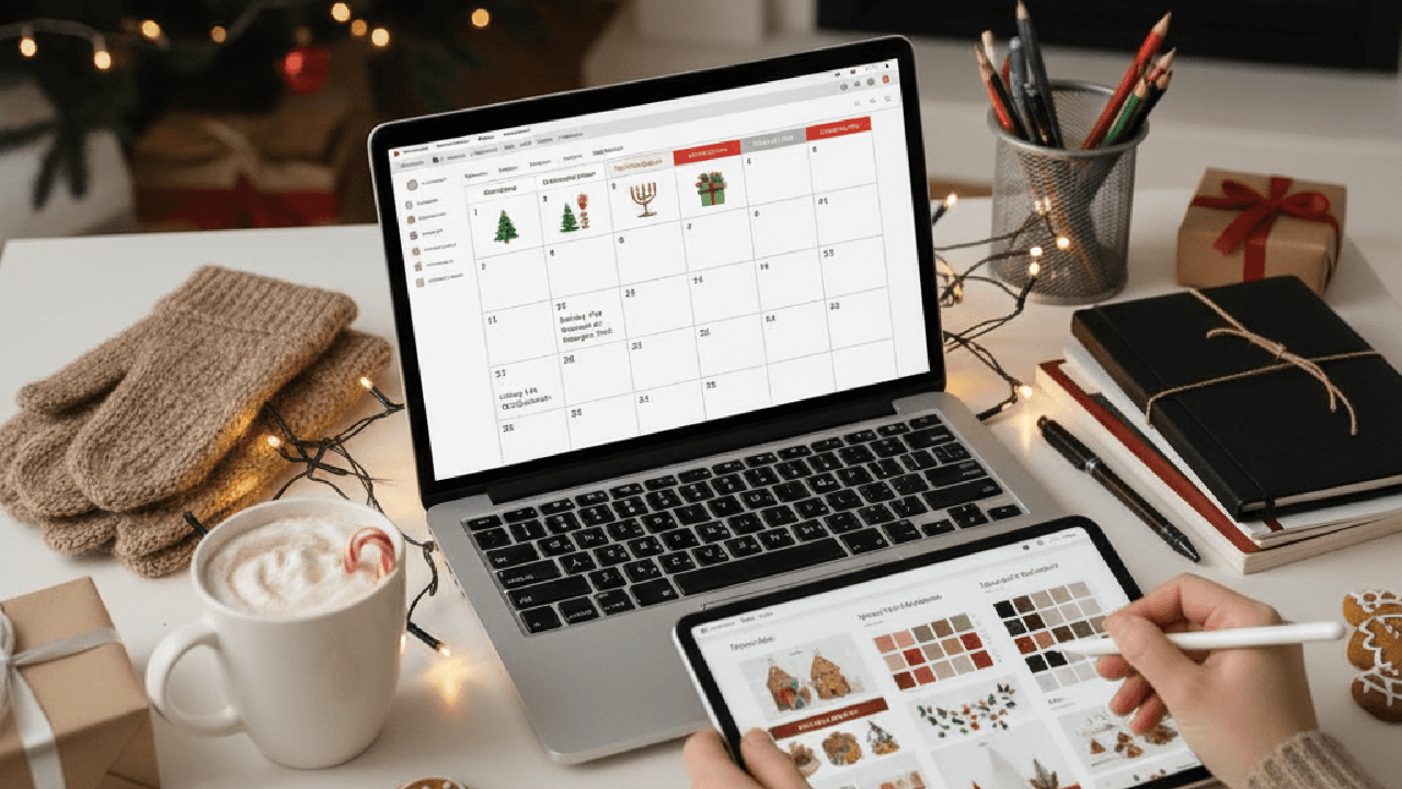 A person plans holiday social media content on a laptop and tablet