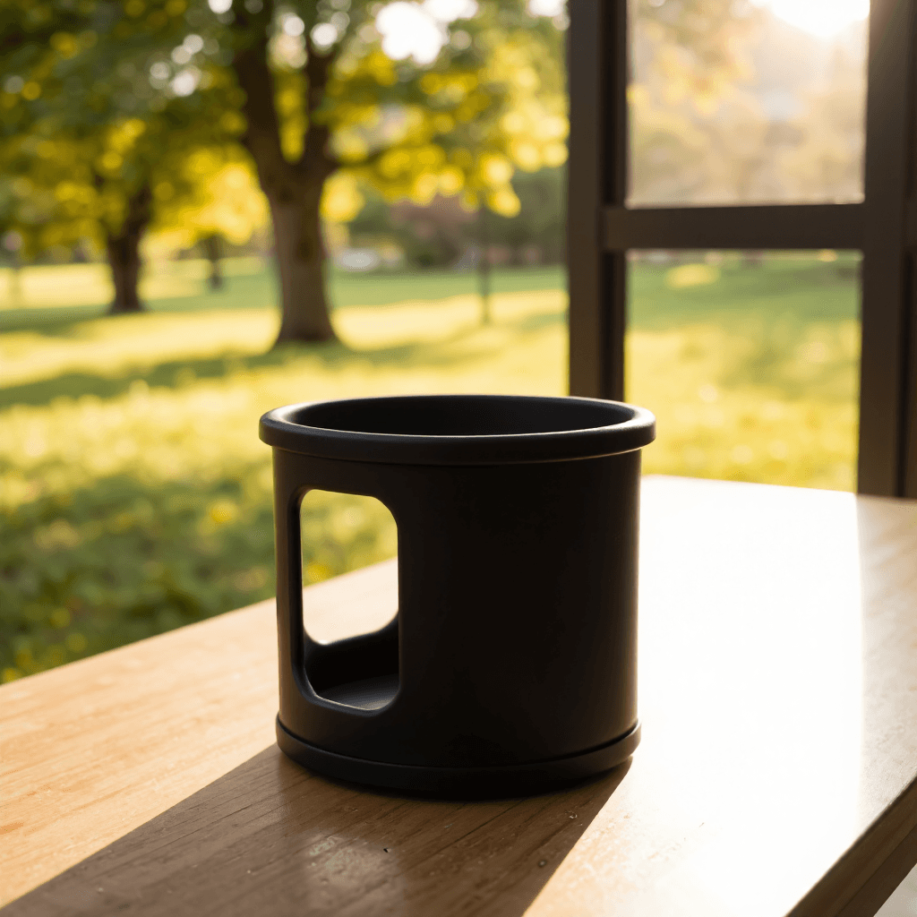 product photography of a cup holder attachment for a stroller