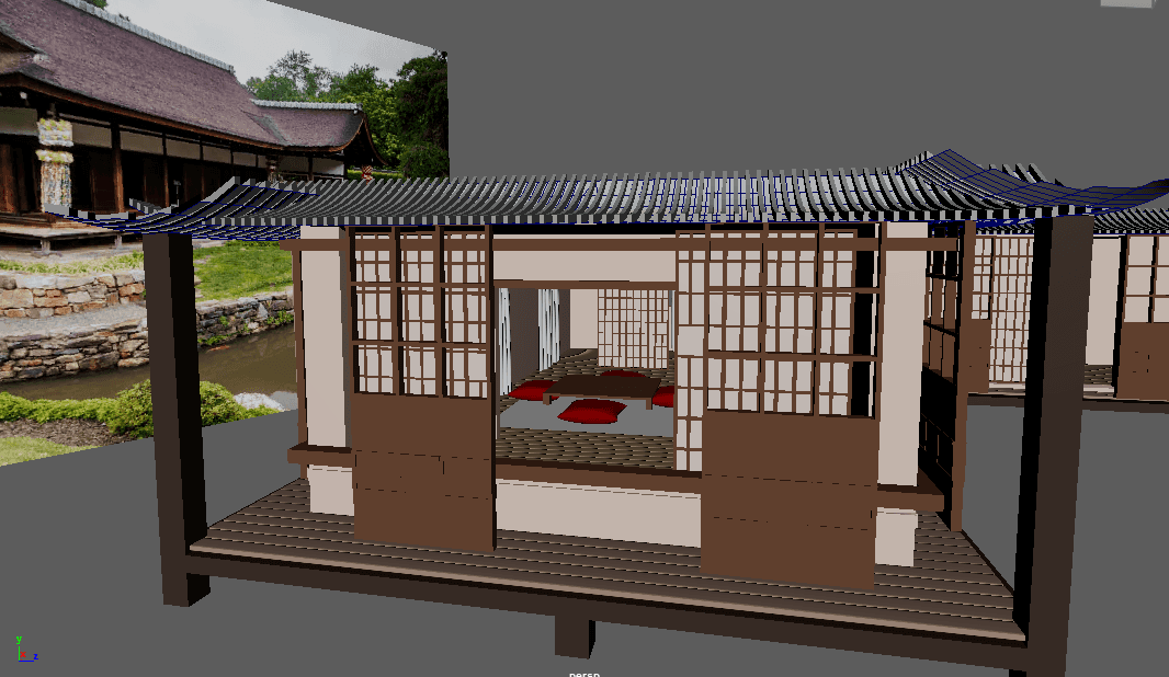 Modeling viewport showing the front facade and roof details