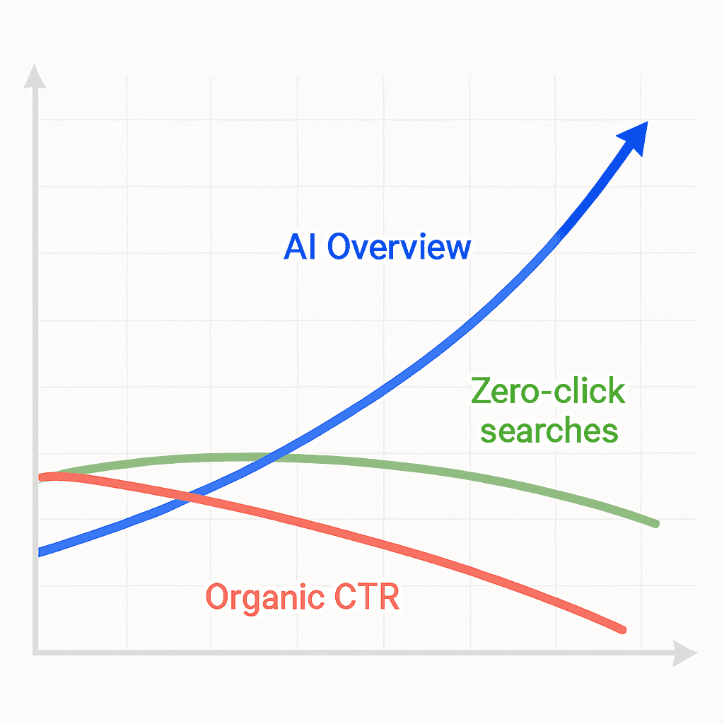 Three contrasting trend lines depict rising AI Overviews, increasing zero-clicks, and falling CTR percentages.
