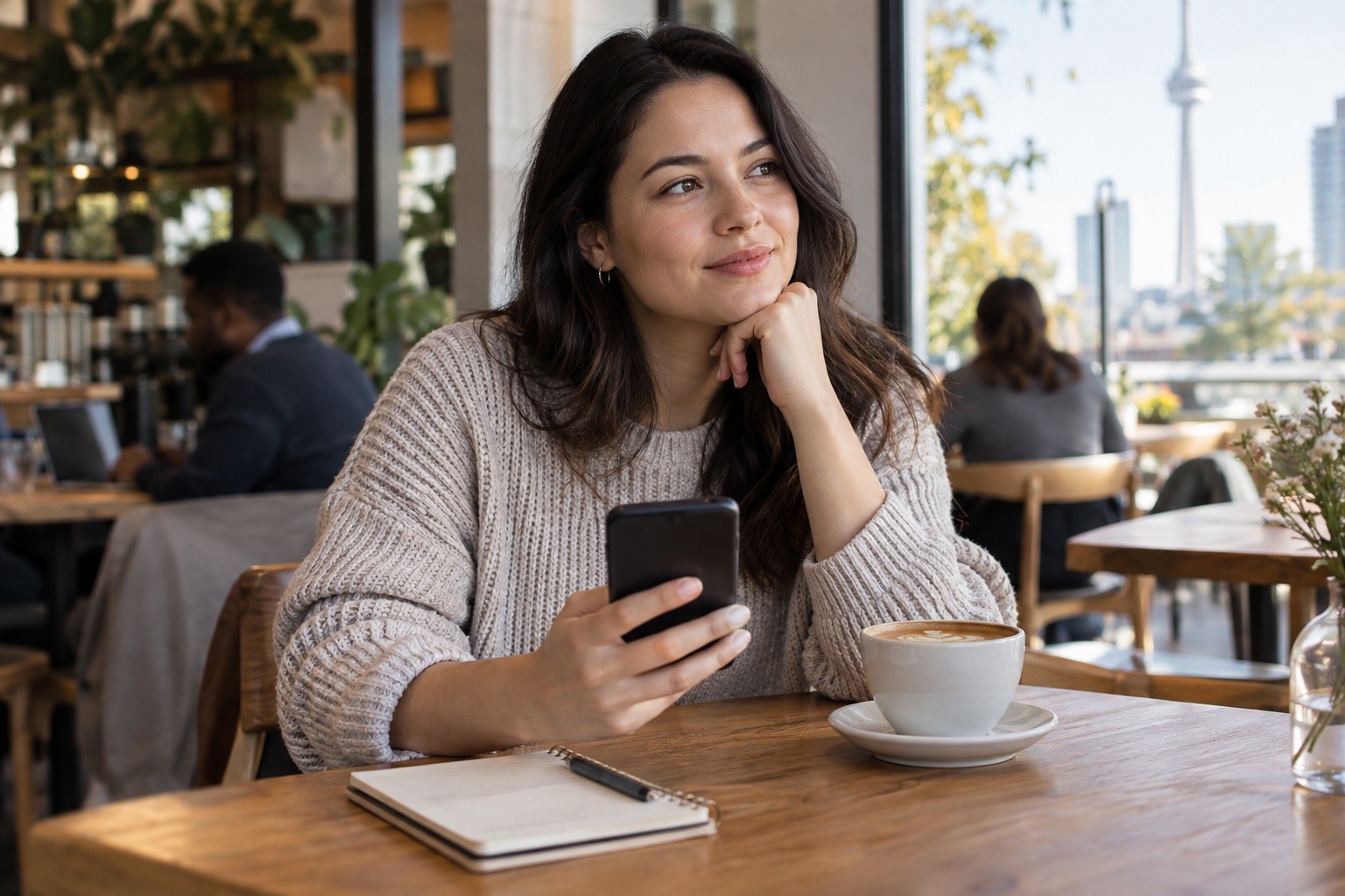 A person considering a coffee invitation on their phone at a café