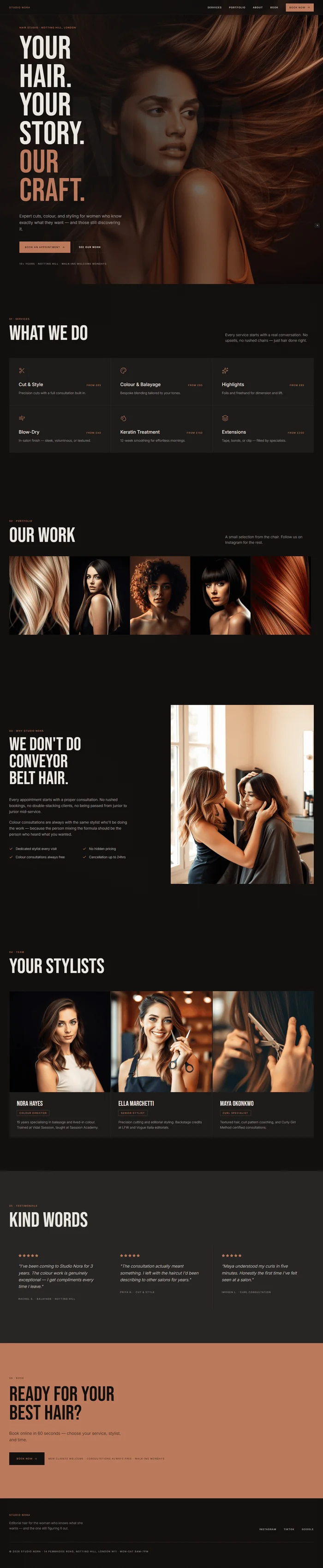 Hair salon website prompt full preview — near-black warm #130e0c background with terracotta #c17a54 accent, Bebas Neue condensed editorial hero headline with large faded "NORA" background text at 3% opacity, composition-independent right-to-left gradient over full-bleed editorial portrait, six-service grid in three-by-two layout with terracotta pricing tags and hover glow, and five-image horizontal portfolio strip at fixed height with no border-radius