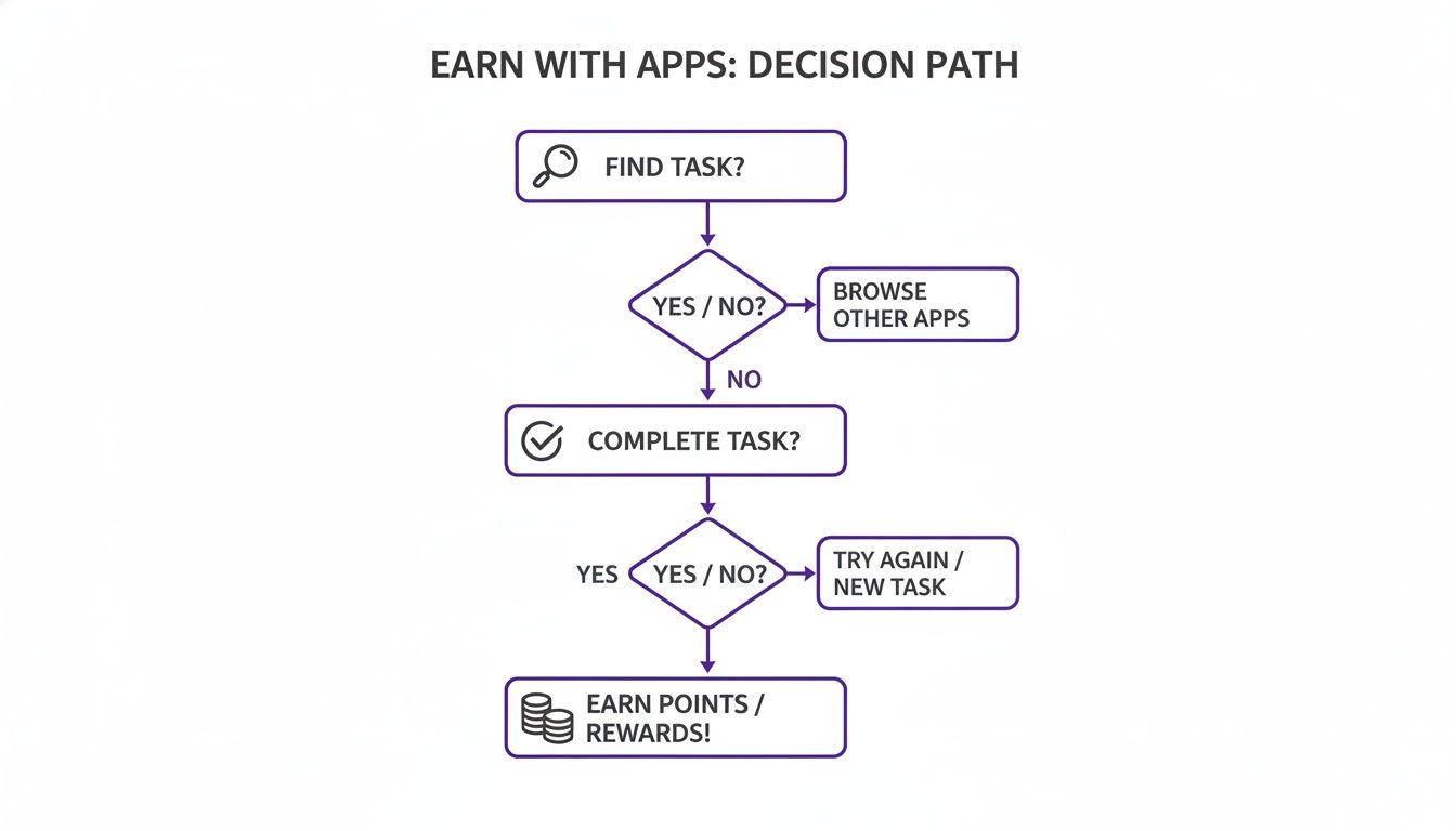 Flowchart illustrating the decision path to earn points and rewards by completing tasks in apps.