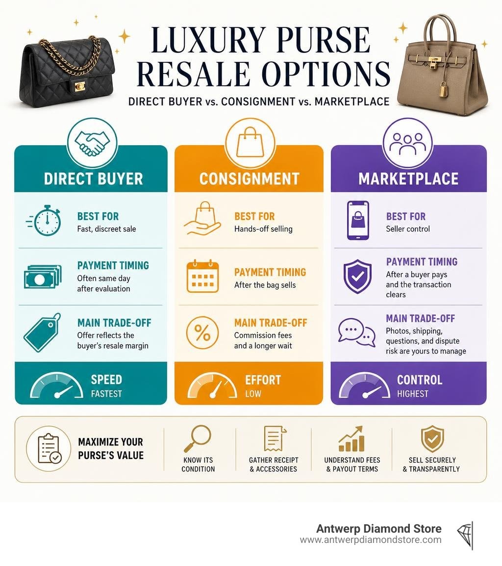 Luxury purse resale options: direct buyer, consignment, and marketplace comparison infographic