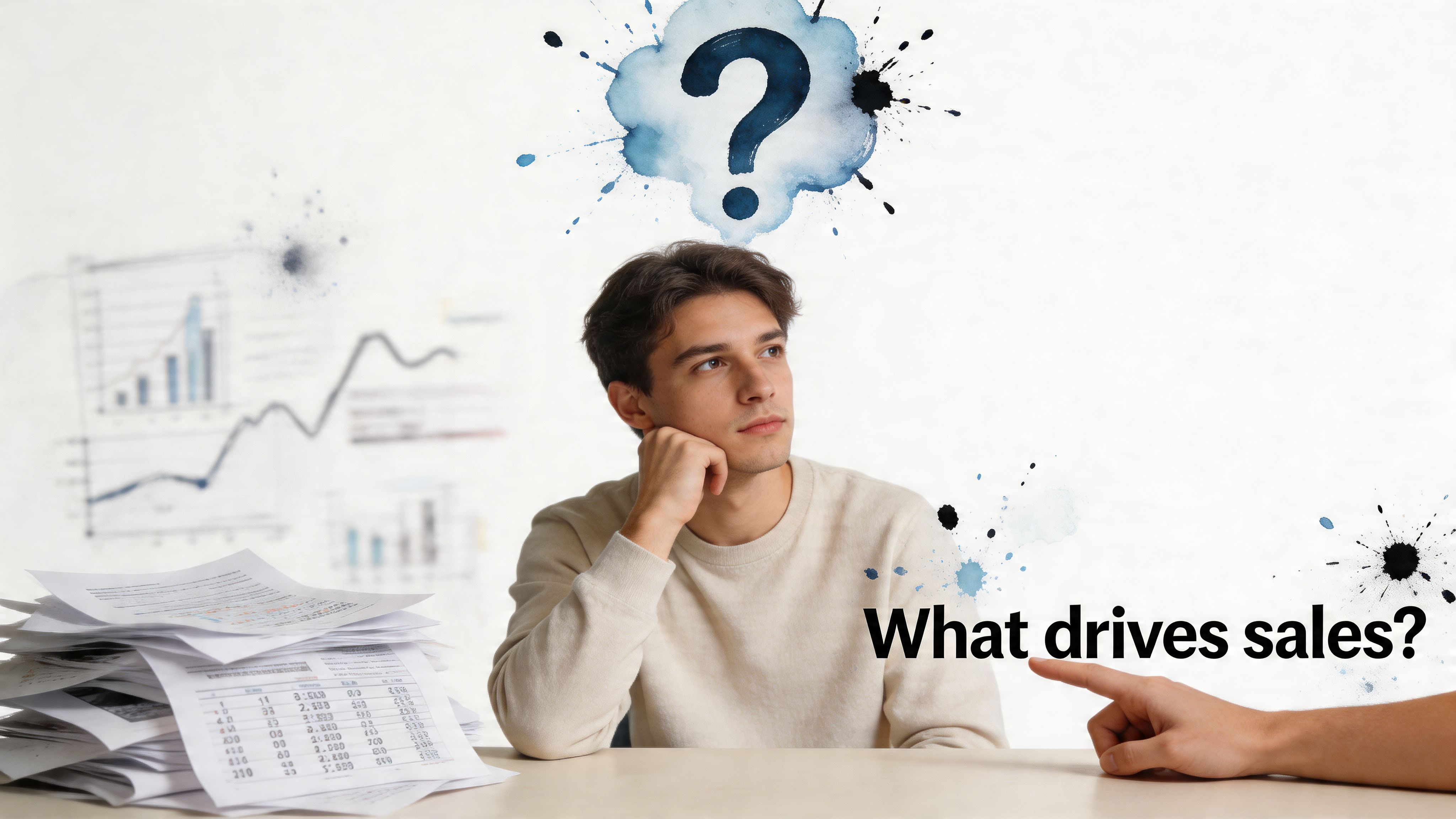 A young man sitting at a desk with paperwork, contemplating business data and questioning what drives sales.