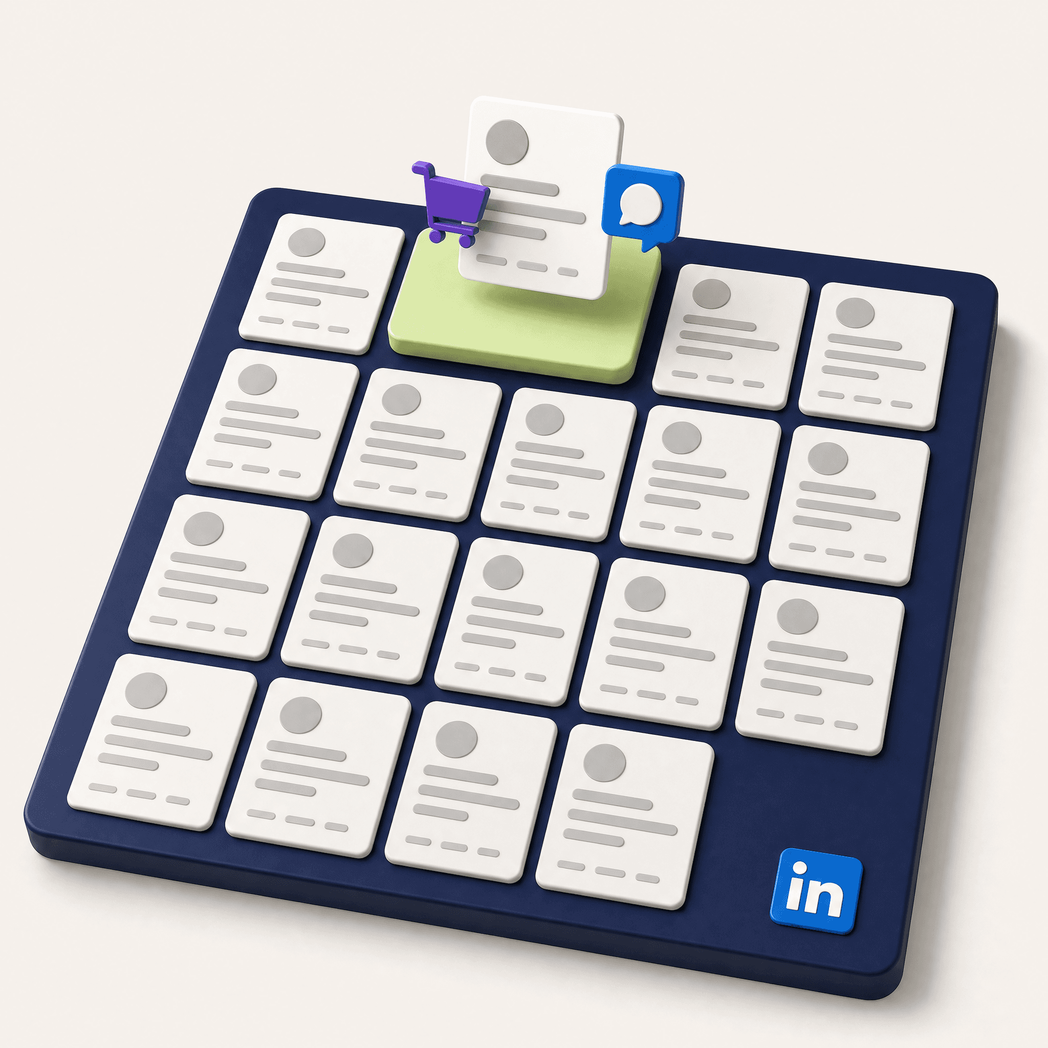 A grid of grey LinkedIn profile cards on a navy tray with only one card lifted on a green tile next to a purple shopping cart and a message bubble, illustrating the 95:5 rule