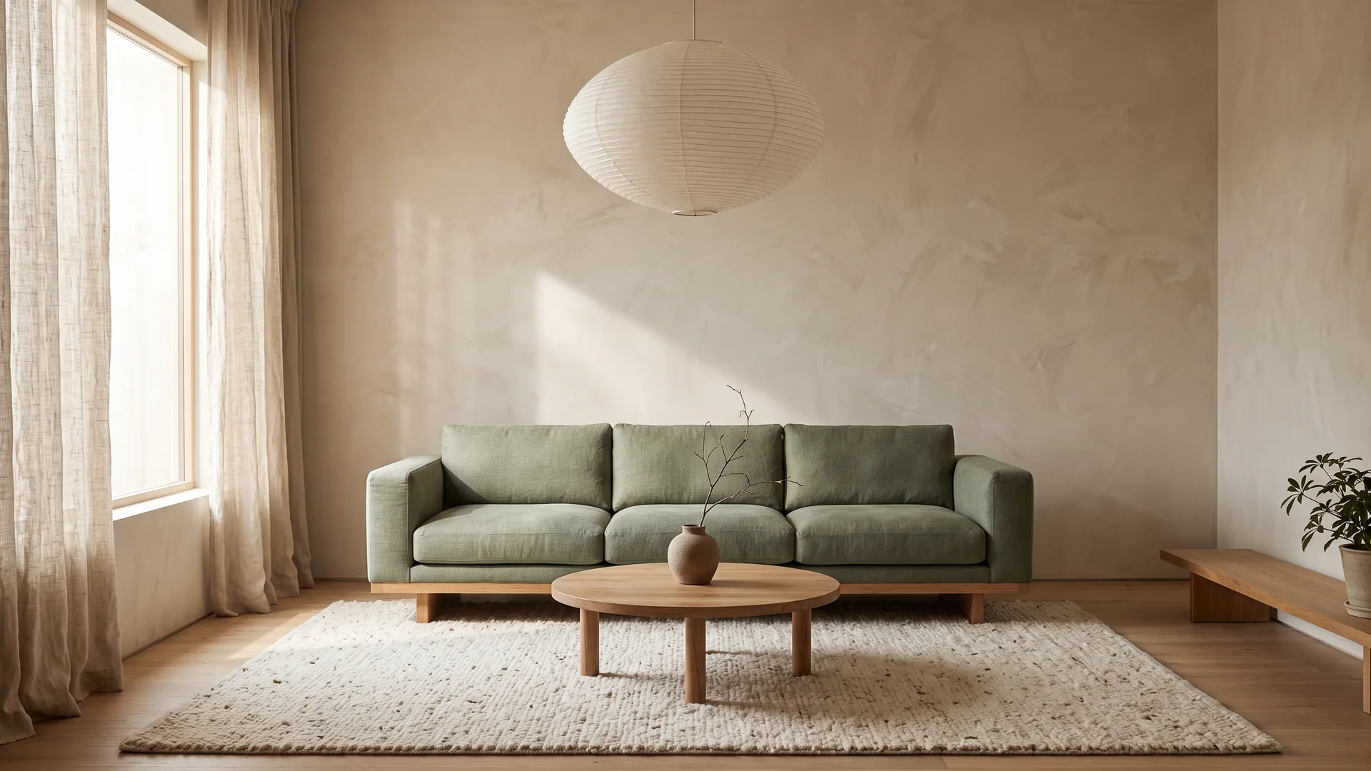 Living room photo with a sage green fabric sofa, round oak coffee table and paper lantern
