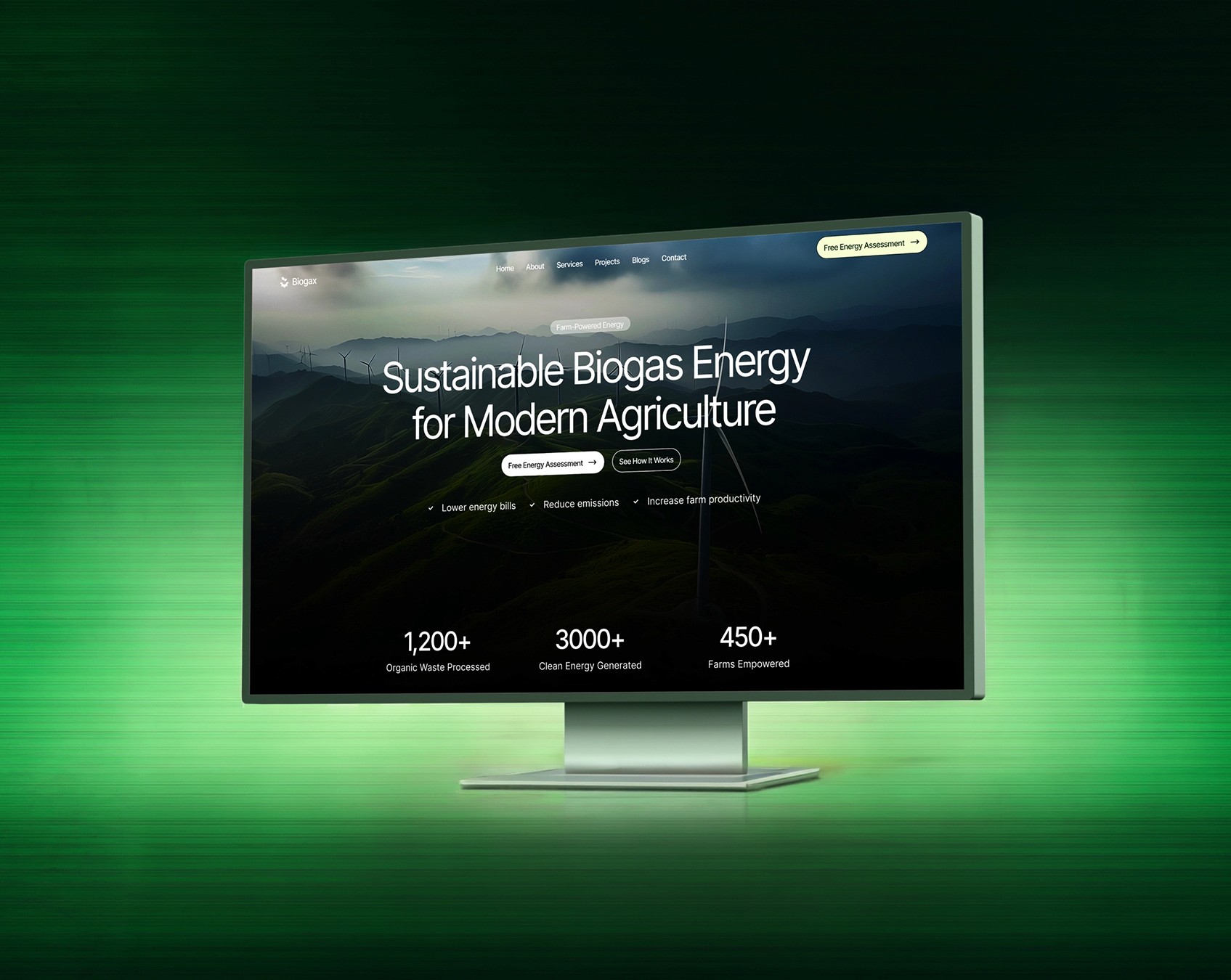 Biogax website footer with a bold call-to-action, newsletter signup, quick links, and contact details on a dark background.