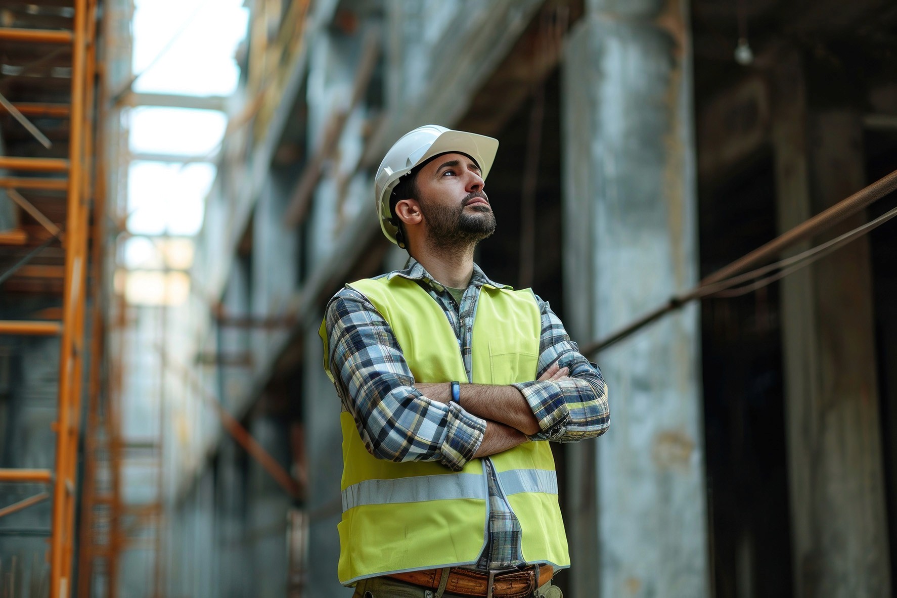 Construction worker with arms crossed looking up, wearing a hard hat and safety vest on a job site.
