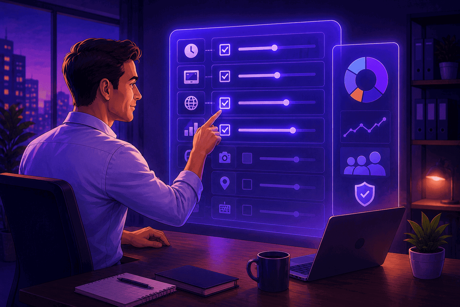 Manager configuring a productivity tracking dashboard and selecting specific monitoring categories, illustrating a customized approach based on company priorities and operational needs.