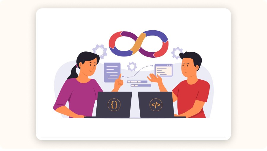 Two developers working on integrating a logistics solution with an ecommerce platform via API, showing automation and syncing of orders and inventory.