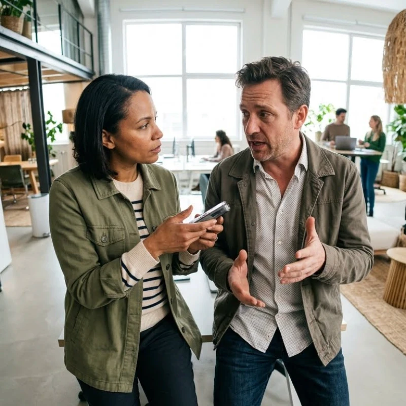 Professionnels en agence échangeant de vive voix dans un espace de travail collaboratif, illustrant notre expertise en Stratégie de contenus pour garantir une parole claire et crédible.