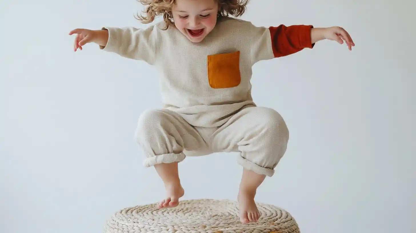 A happy child mid-jump on a woven stool, embodying joy, energy, and the excitement of finding the perfect childcare solution through United Nannies.