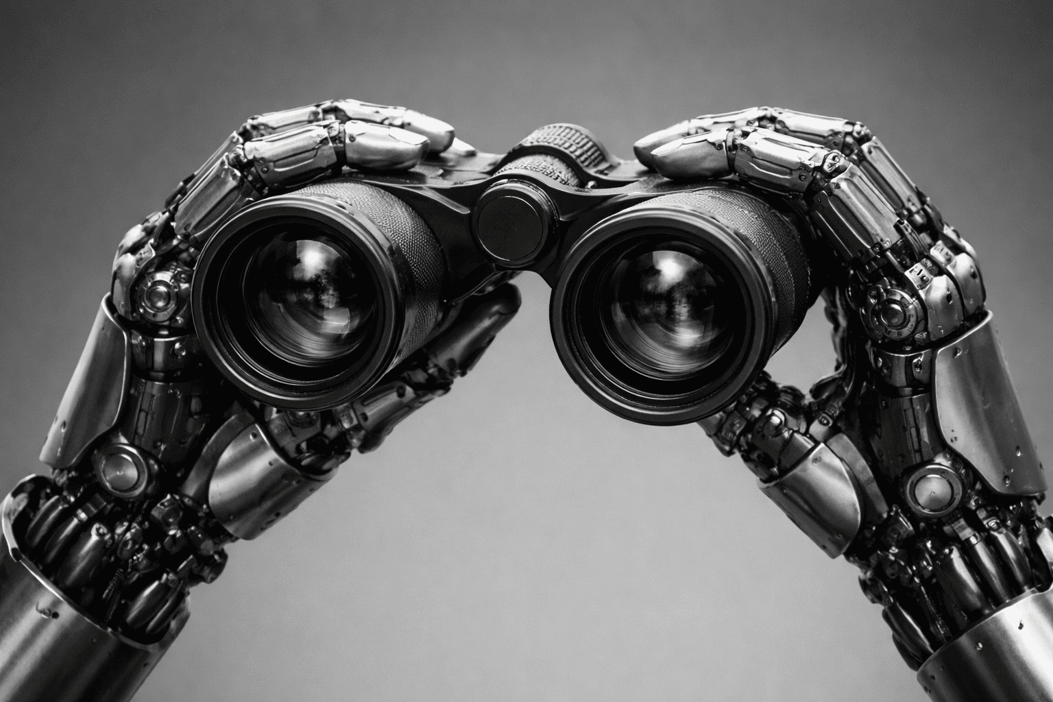 Arte digital de uma mão robótica segurando um binóculo, simbolizando o monitoramento de respostas de IAs, GEO, AEO e Agentic Commerce.