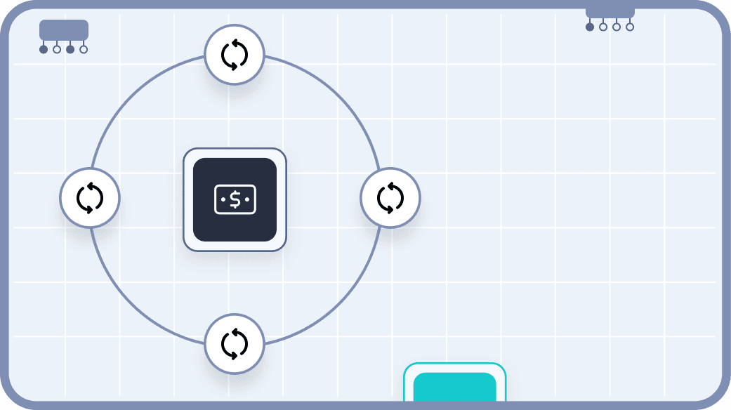 Illustration of a digital dashboard features a central folder icon connected to four bank building icons, symbolizing financial networking and data management with a circular flow design on a grid background.