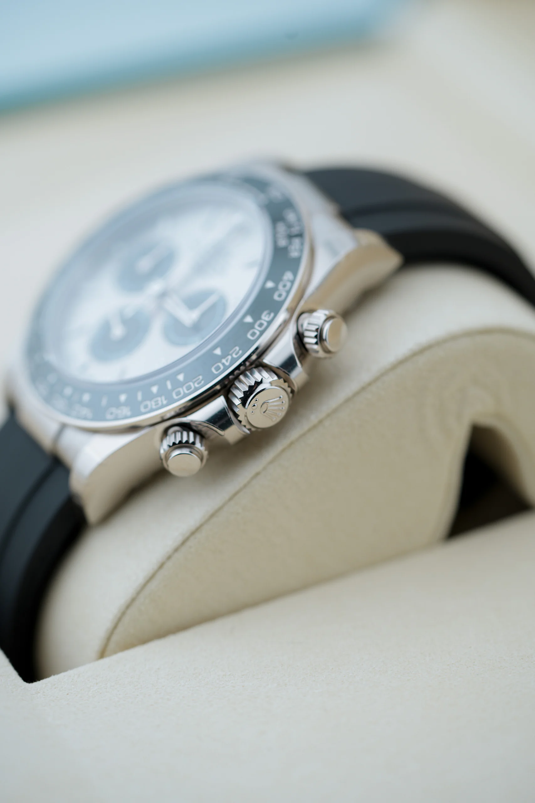 Angled view of the Rolex Daytona Ghost White Gold 116519LN showing the white gold case