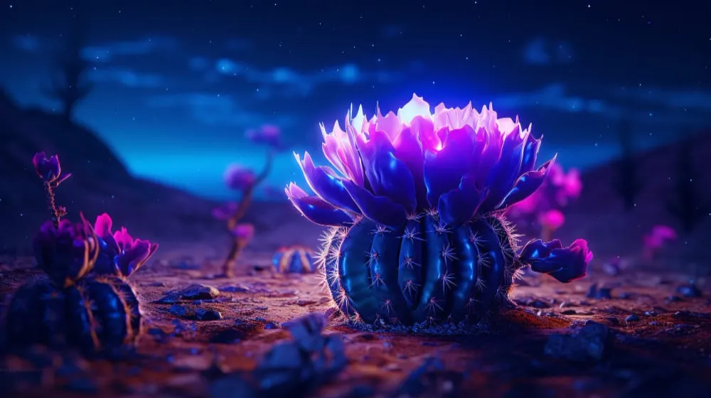 3d rendering of vibrant neon cactus in desert