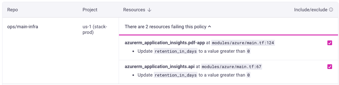 Infracost shows the code repos that need to be updated to add Azure Monitor retention policies