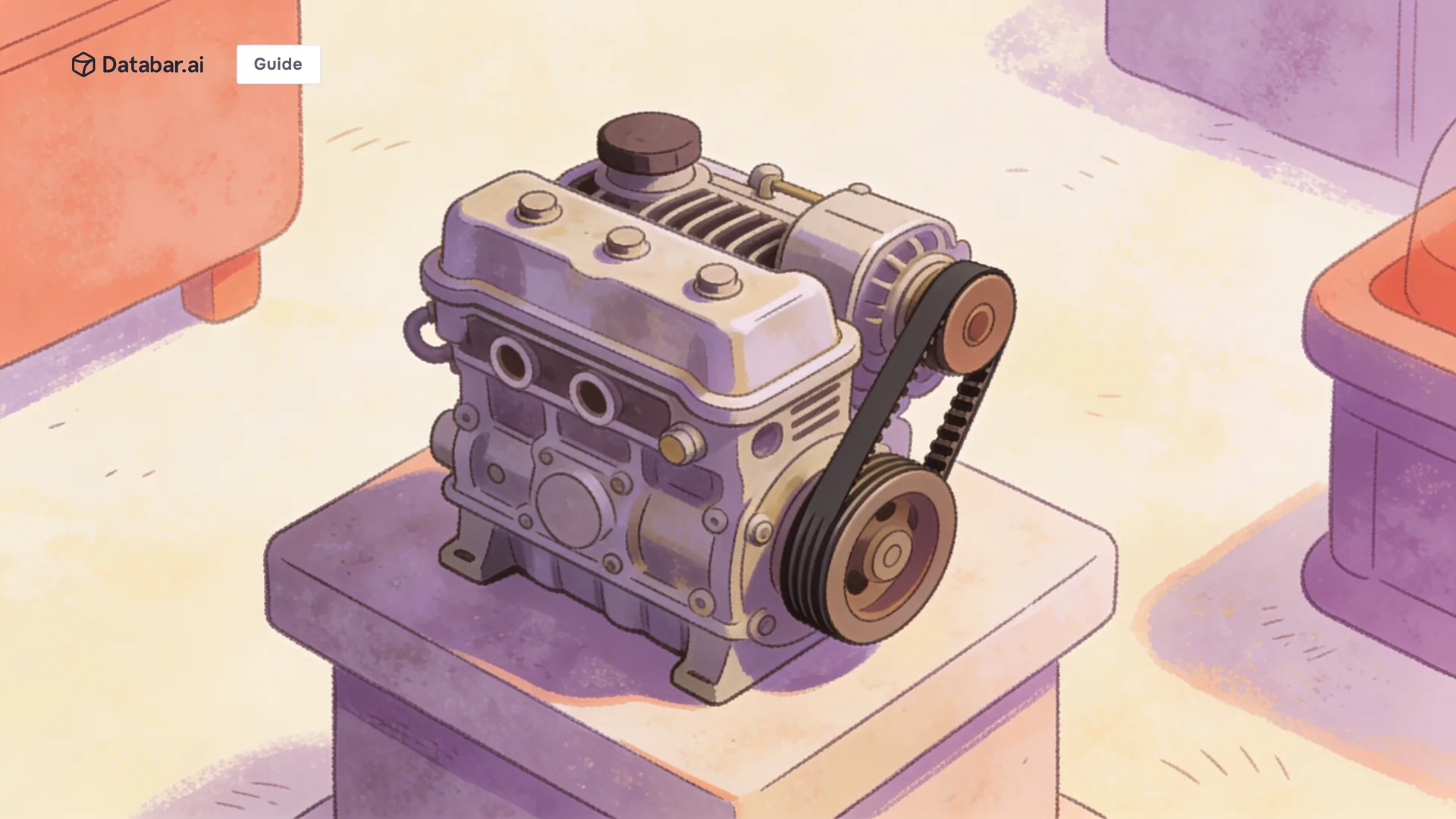 Illustration of a compact engine on a plinth with its drive belt turning everything around it — CRM as Your Revenue Engine: Building the GTM Foundation (Step-by-Step)