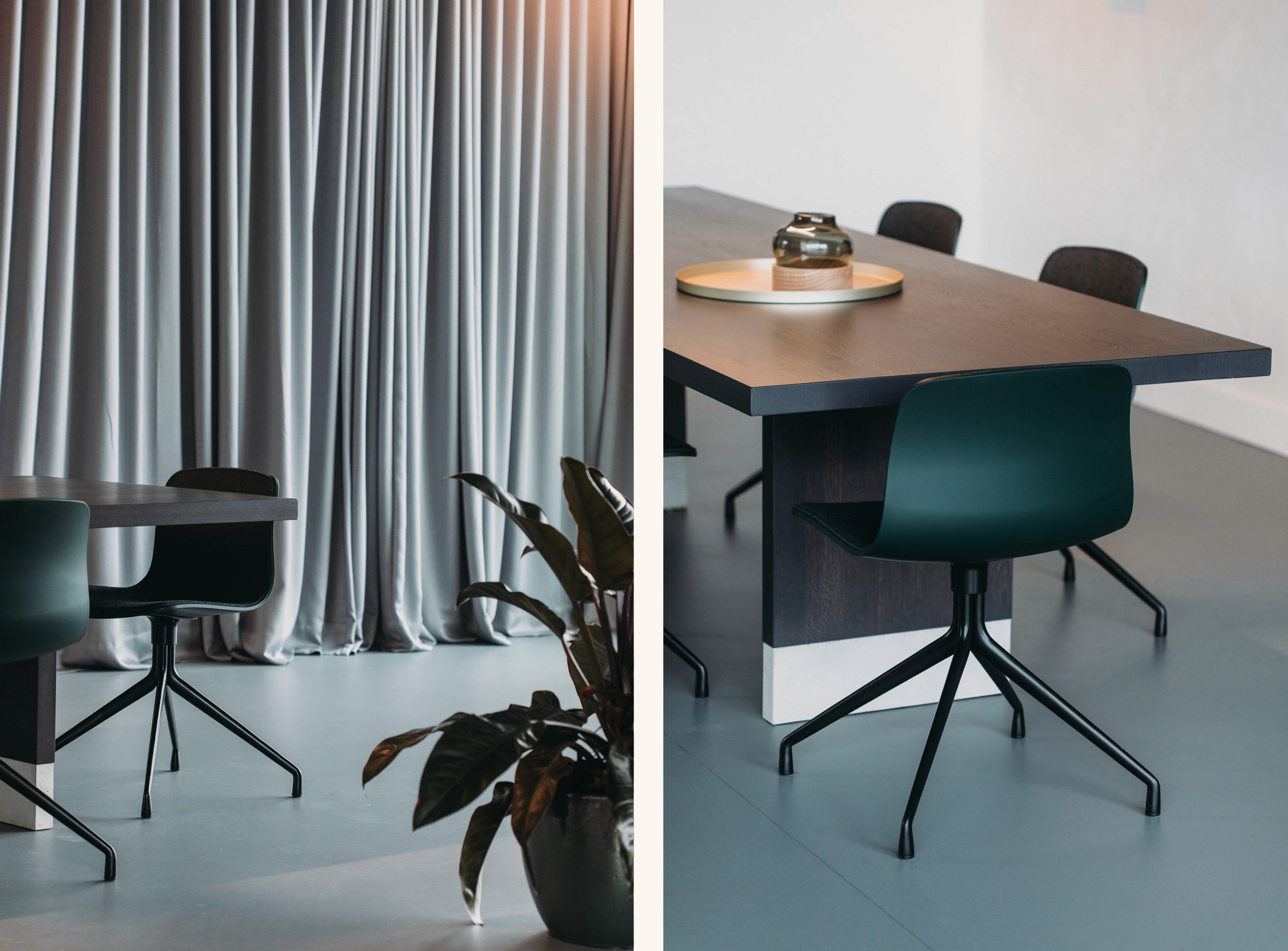 Interior photo of the main table with curtains in the Wellwood office space