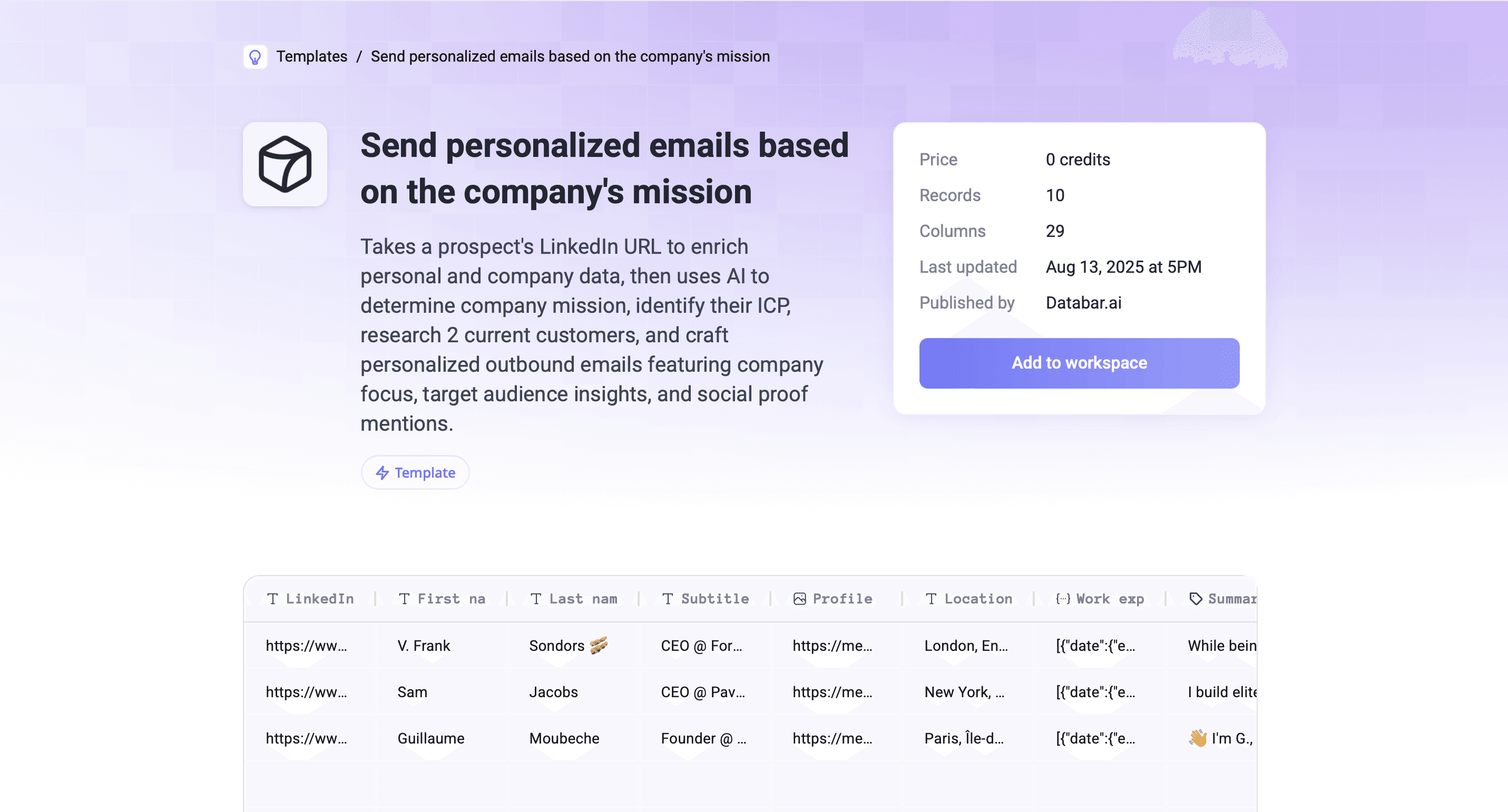 Personalized message based on company 