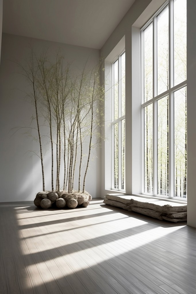 Minimalist room with potted trees and round wall mirrors