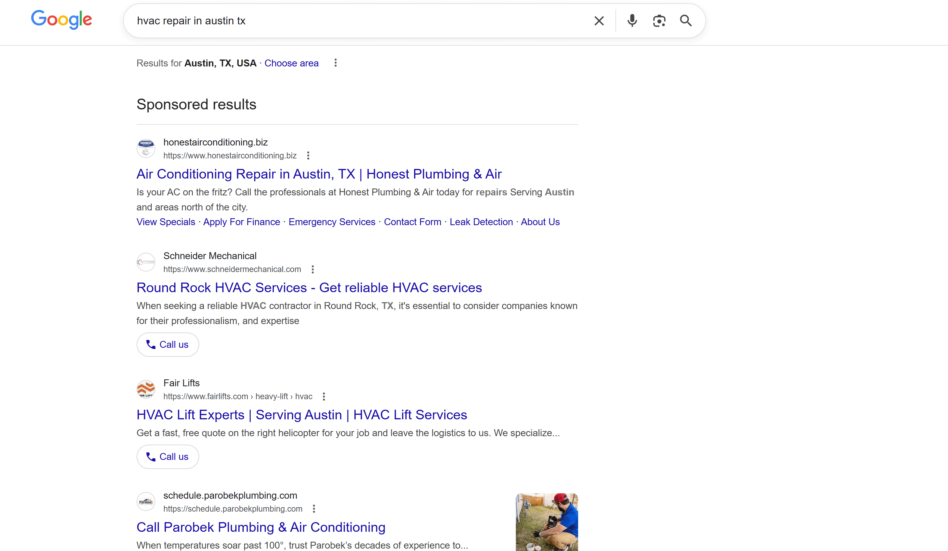 google search result for hvac repair in austin tx with google ads