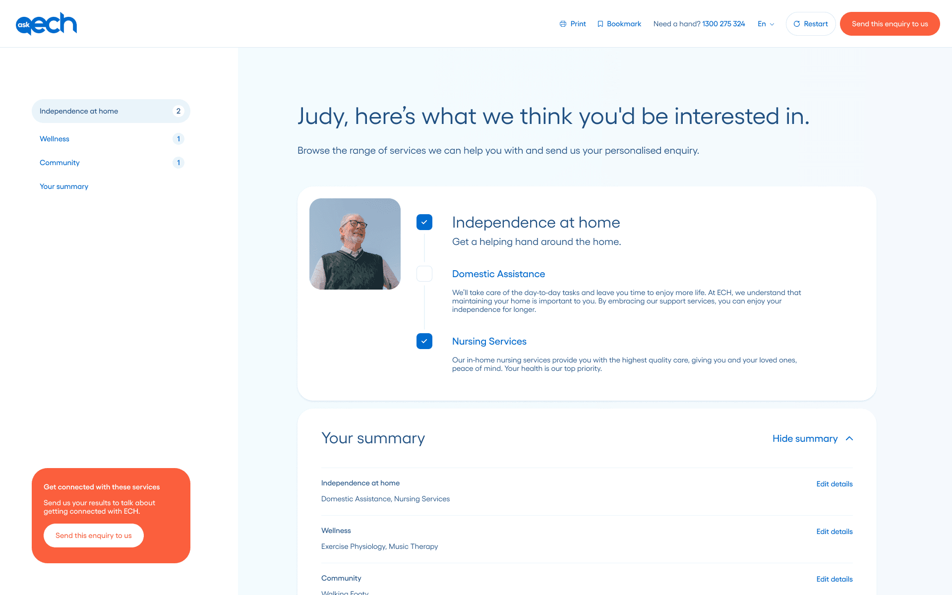A screenshot of the decision tool results, showing services for that user.